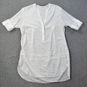 ZOA New York Popover Tunic Women's X-Small White Half Sleeve Roll Tab V-Neck